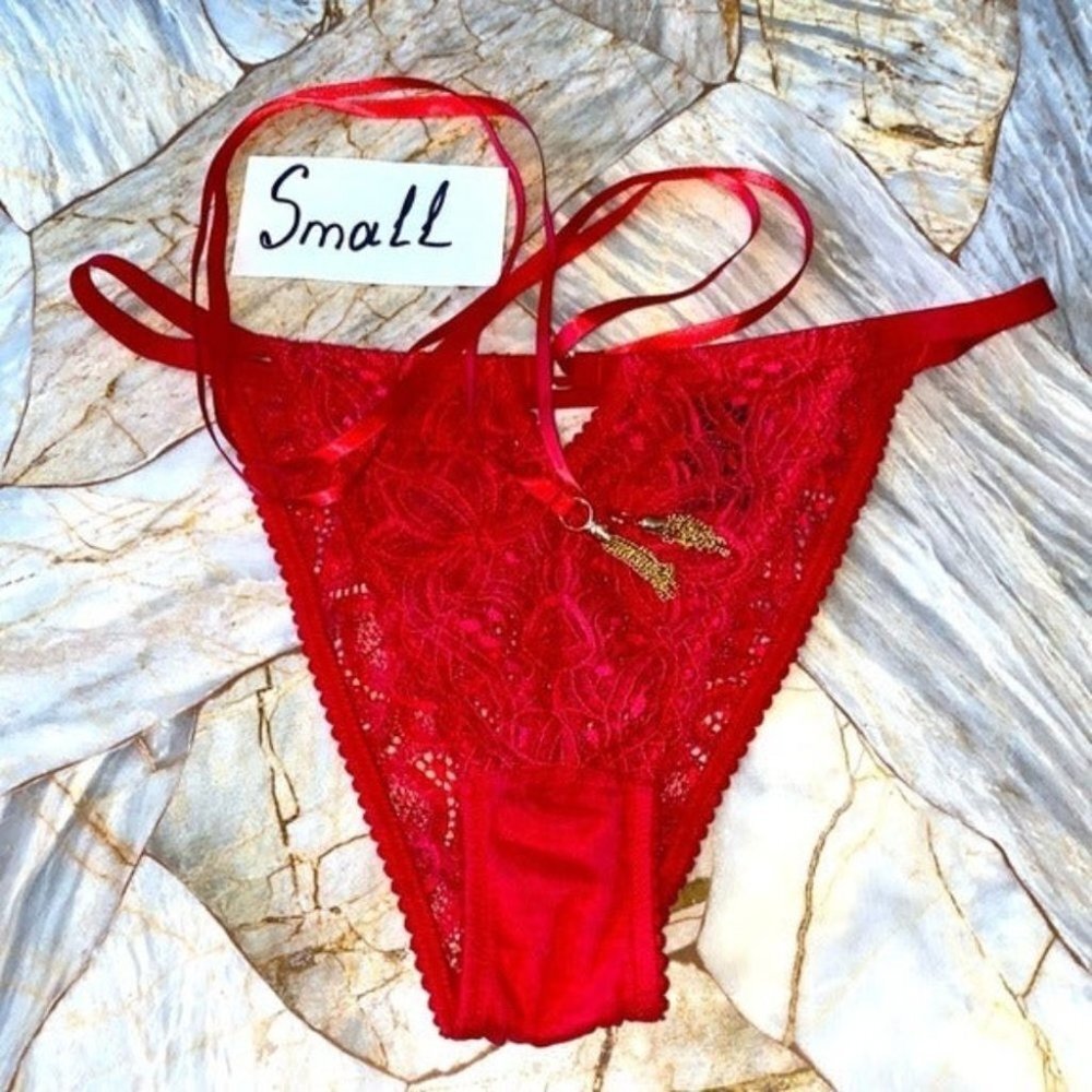 Rare Victoria Secret Small Red Lace Chain Dangle Tie Panty Small